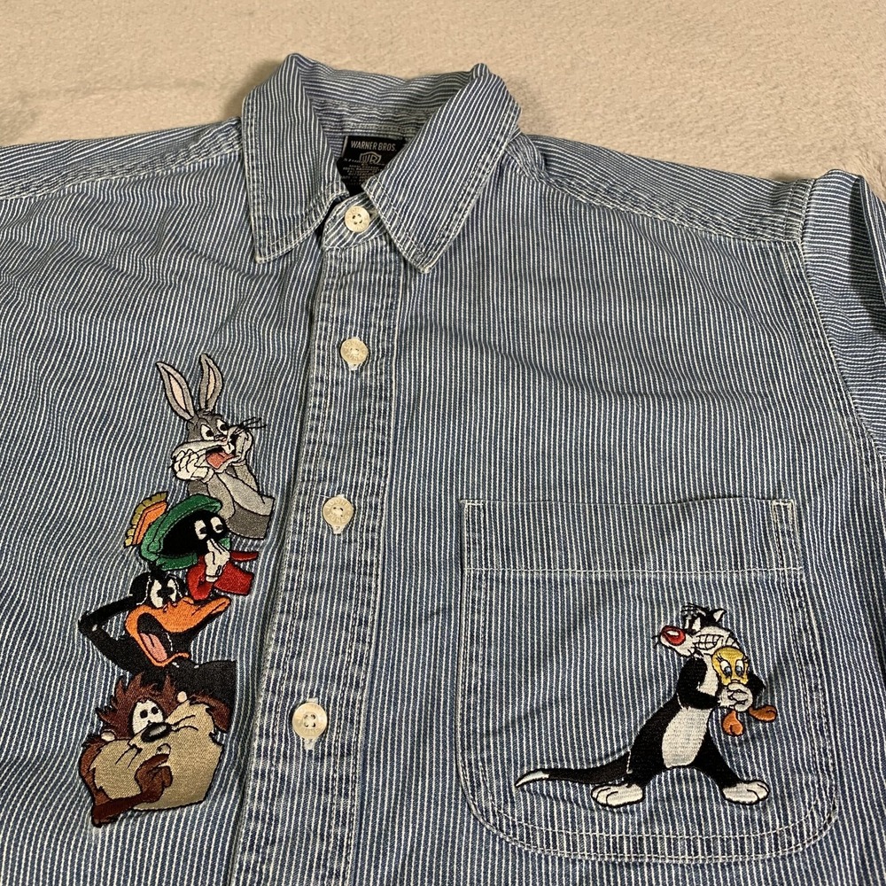 Vintage Warner Bros Studio Store Shirt Mens XS Blue Stripe Looney Tunes Cartoon